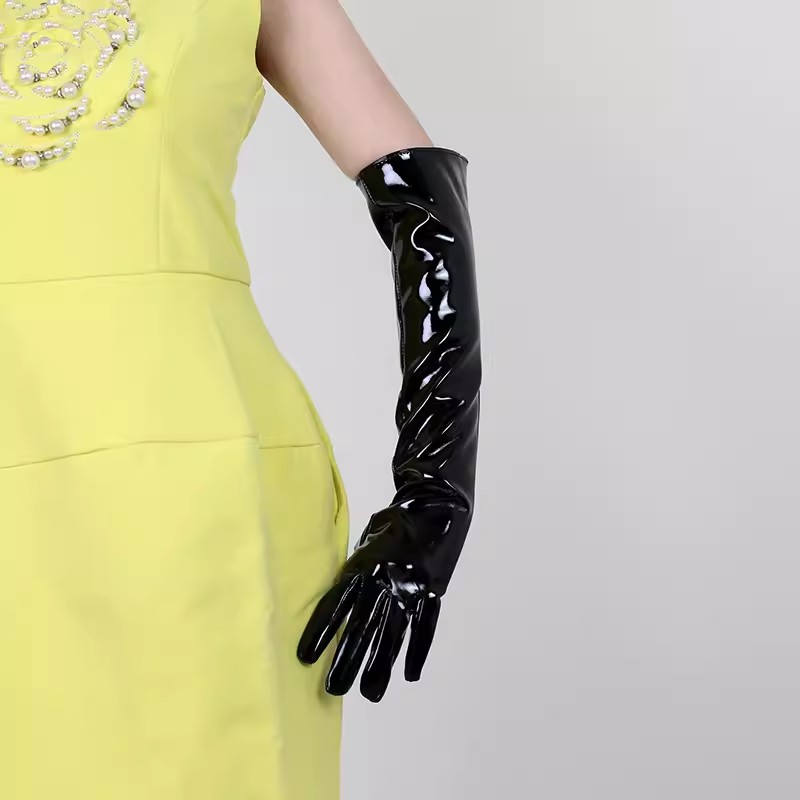 Formal Glove Leather - Damen Mode Lackleder Schwarze PU-Leder Lange