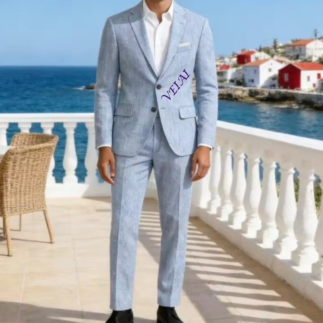 Men'S Formal Wear For A Wedding - Maßgeschneiderter, weicher, himmelblauer Leinenanzug, 2-teilig, schmal