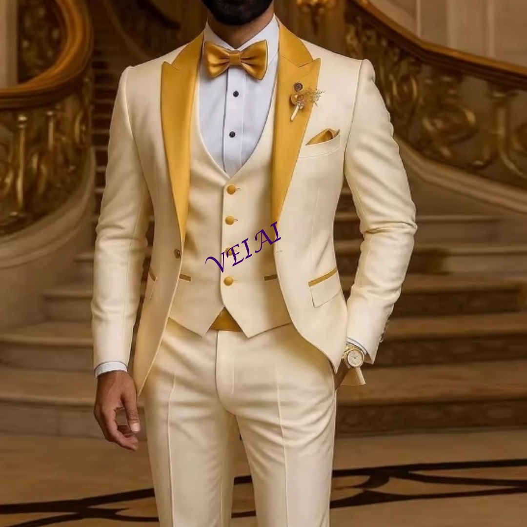 Men'S Formal Wear Accessories - Maßgeschneiderter Herrenanzug mit goldenem Kragen, Elfenbein,