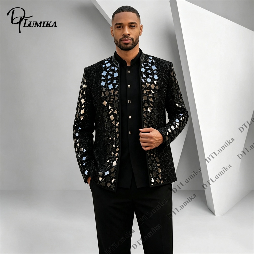 Men Formal Wear Pants - Herren Schwarzer Anzug mit Stehkragen Spiegelmosaik