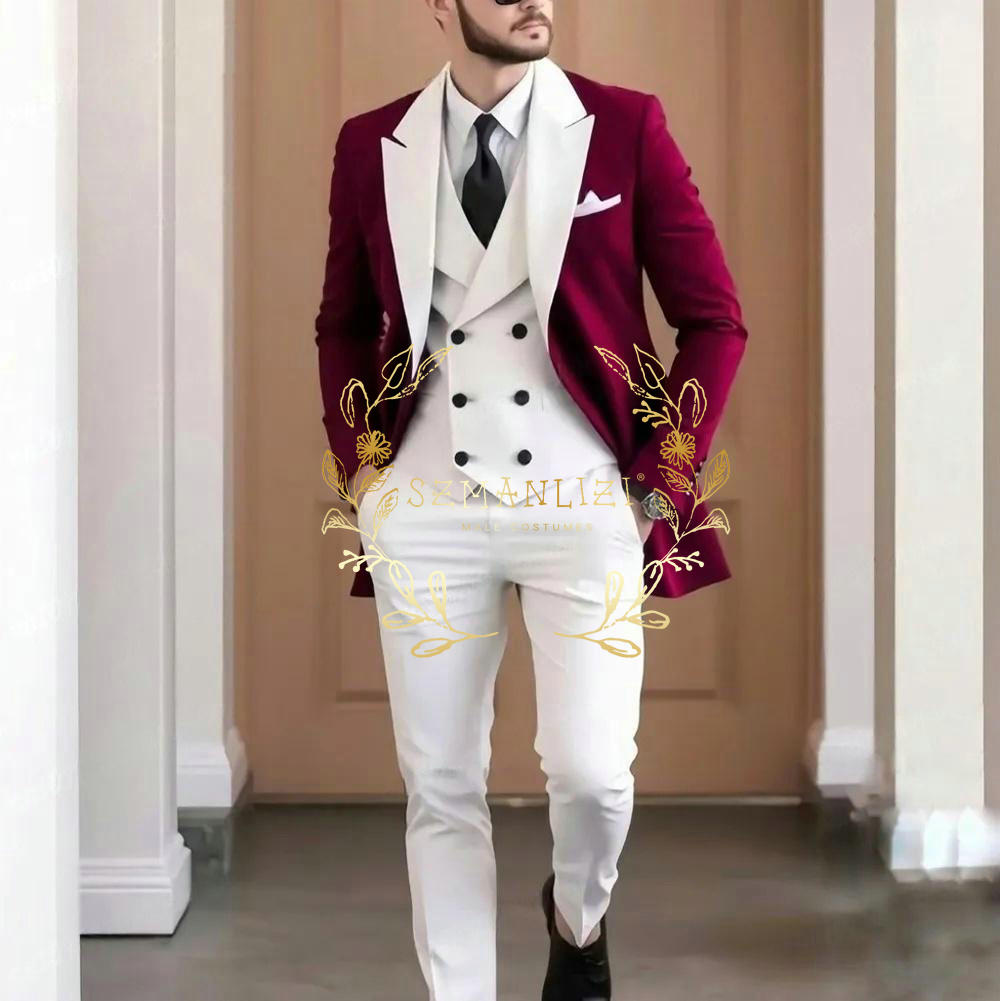 Elegant Formal Men'S Wear - Eleganter burgunderroter 3-teiliger Herrenanzug, hochwertige weiße