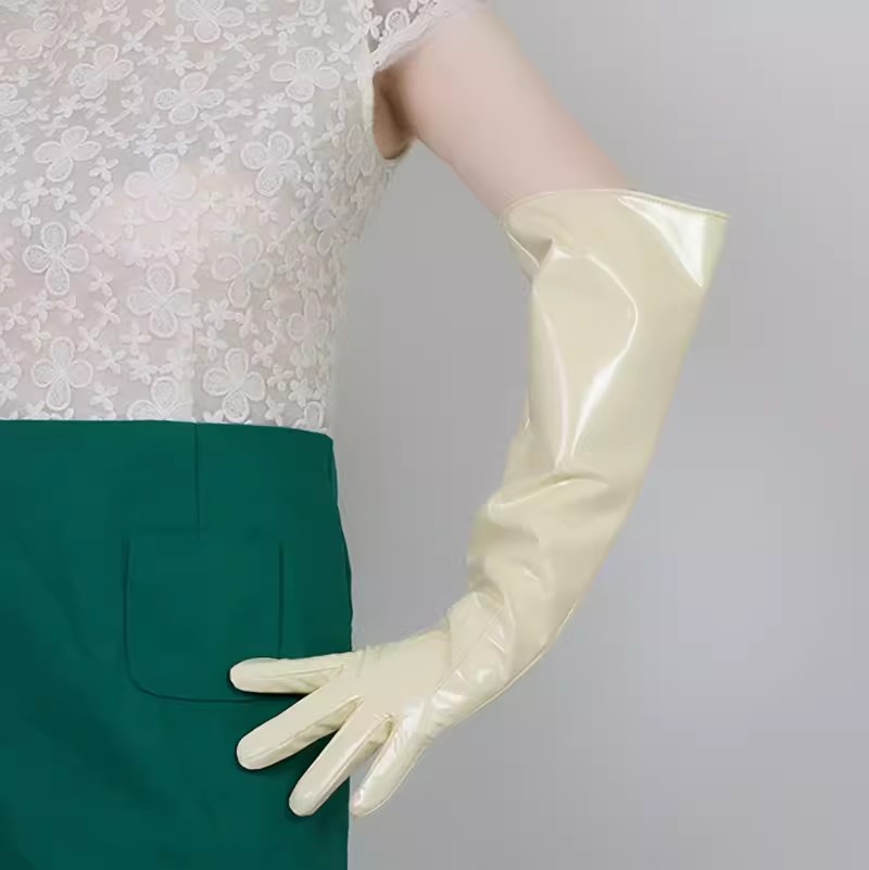 Formal Glove Leather - Damen-Laufsteg-Modehandschuhe aus Lack-PU-Leder in Beige, 50