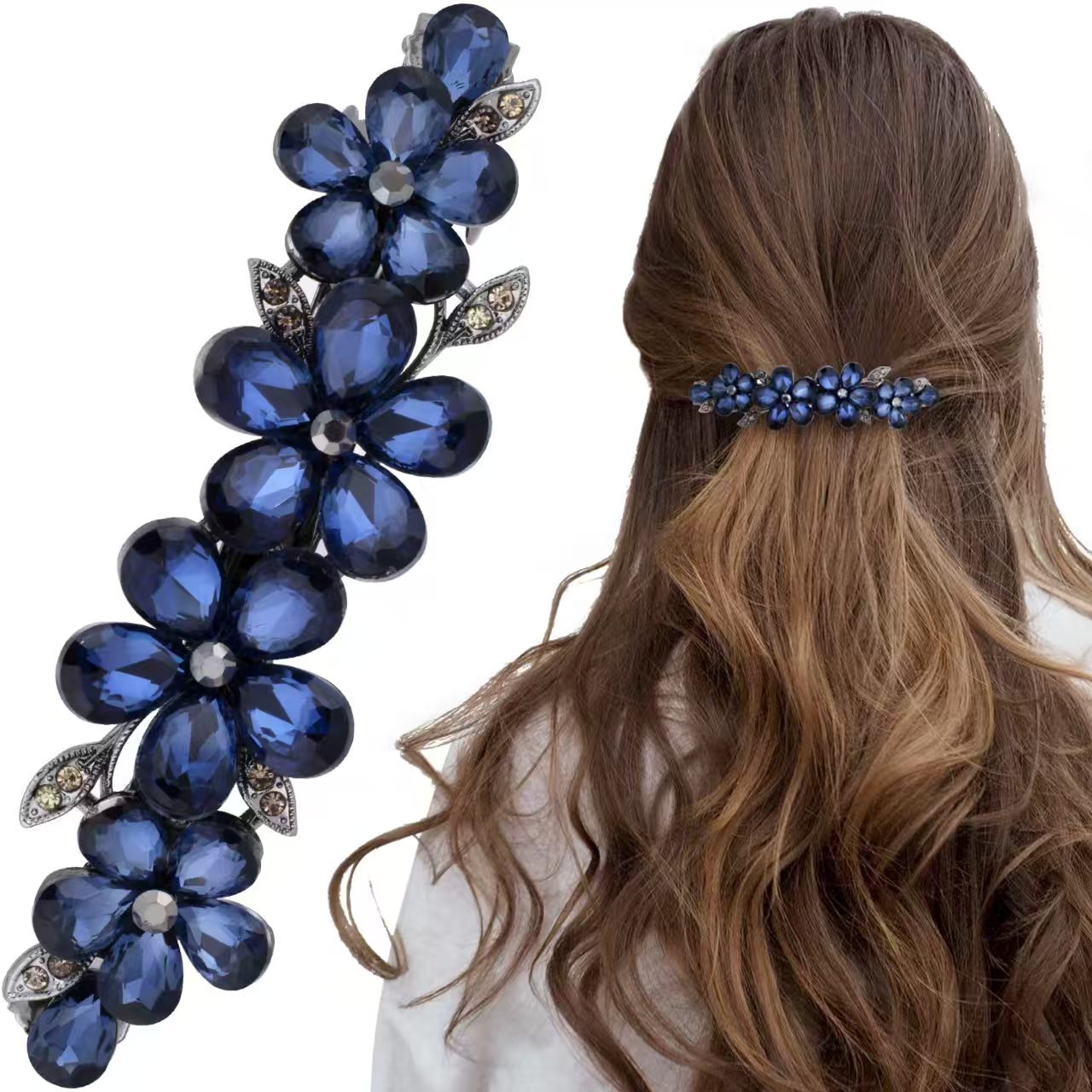 Tie Bar Clip - Elegante Schwarze Strass-Kristall-Blumen-Haarspange Hochwertige Damen-Haarklammer für